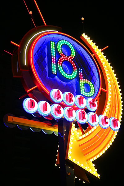 The 18b Arts District sign in Las Vegas lite up at night