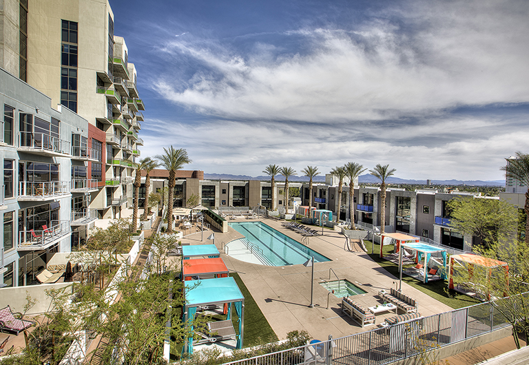 View of the pool deck and homes that make up Juhl.