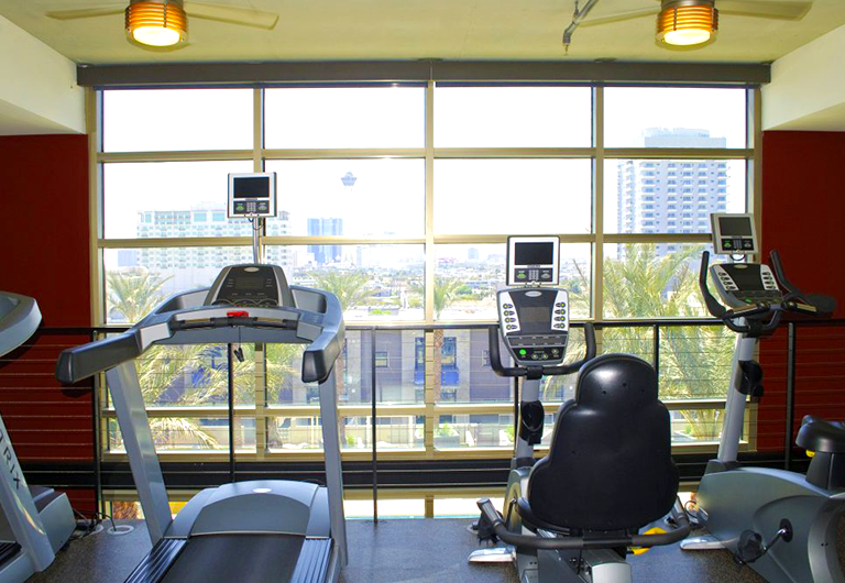 Two-story fitness center with view of the Strip at Juhl.