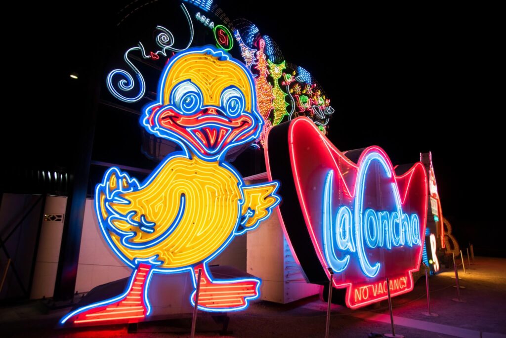 neon museum installation of a duck in las vegas