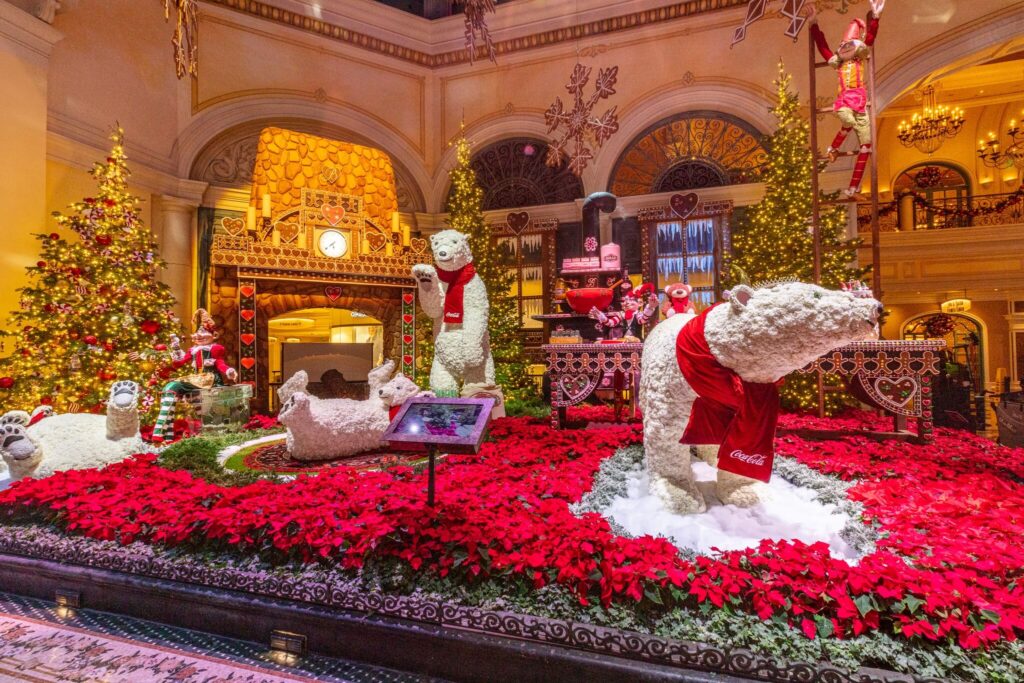 bellagio hotel annual christmas display with floral bears